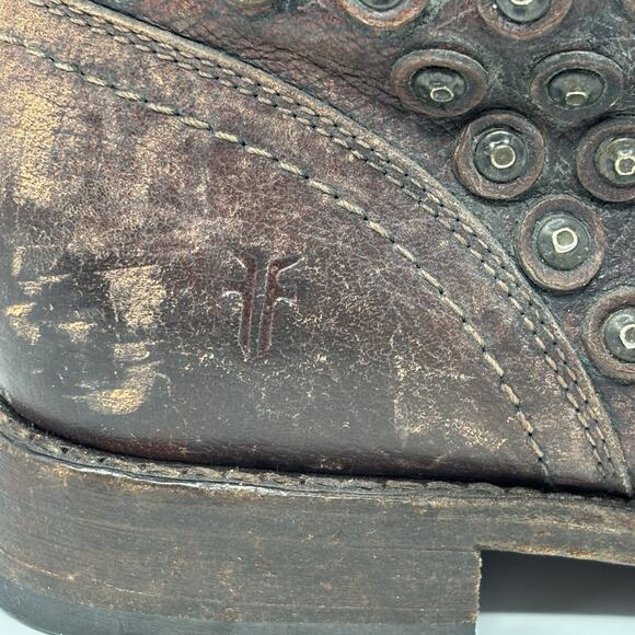 Frye Jenna Disc Dark Brown Studded Lace Up Distressed Leather Boots Size 8 B - Picture 6 of 11